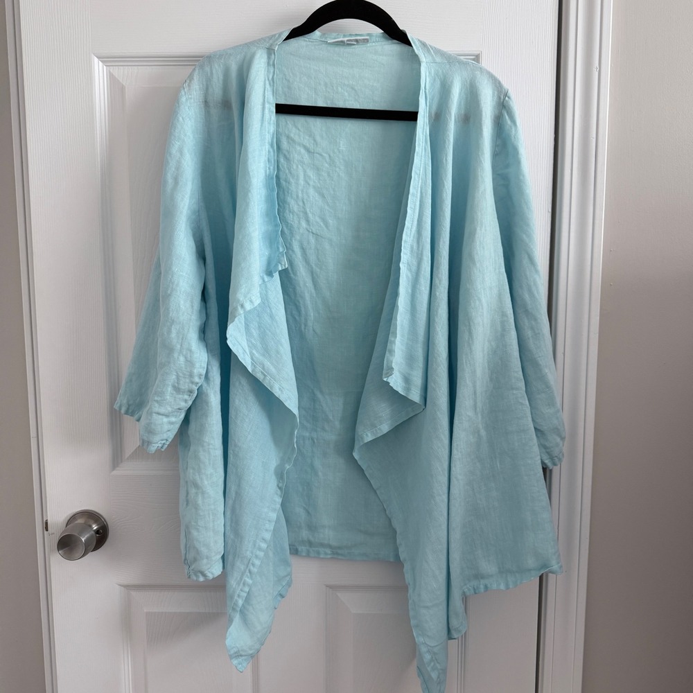 Bryn Walker Linen Cardigan Womens XL Light Blue Waterfall Open Front Lagenlook